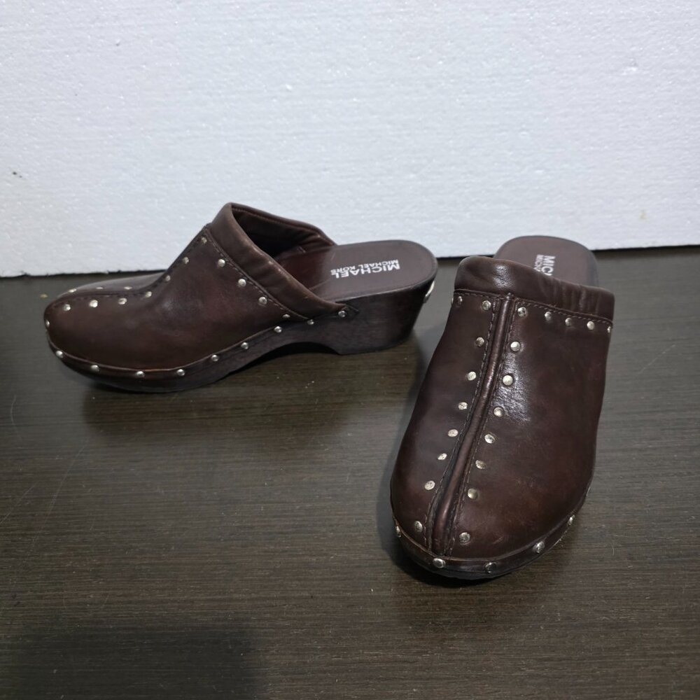 Vtg MICHAEL Michael Kors Brown Leather Studdes Heel Clogs Slip On 6,5M